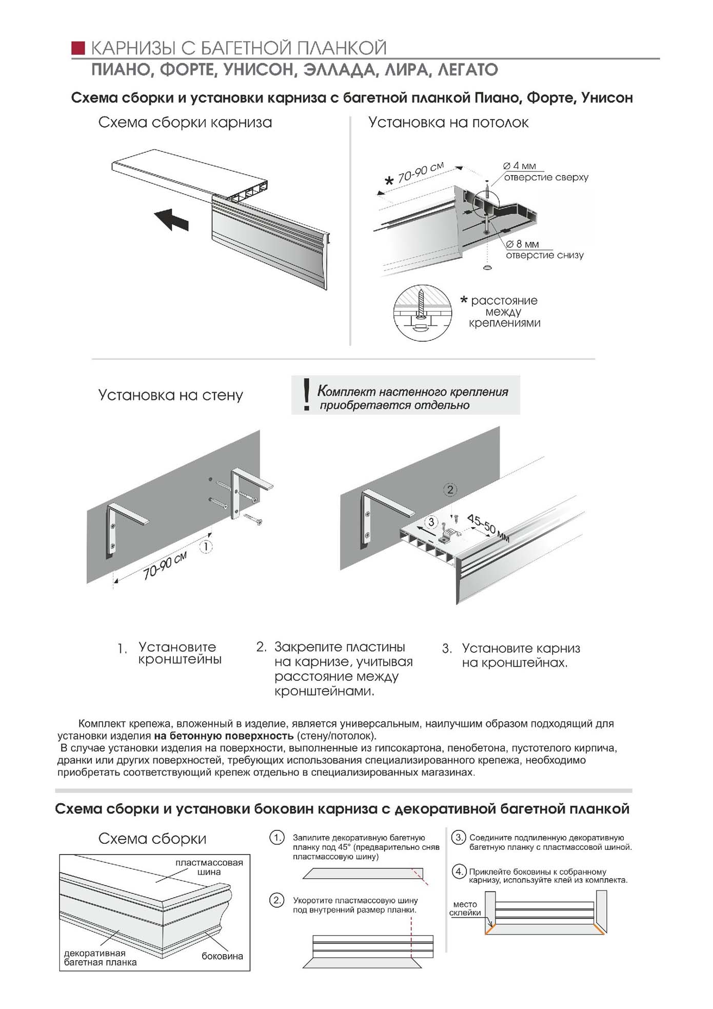 Карнизы с багетной планкой Пиано/Форте/Унисон/Эллада/Лира/Легато